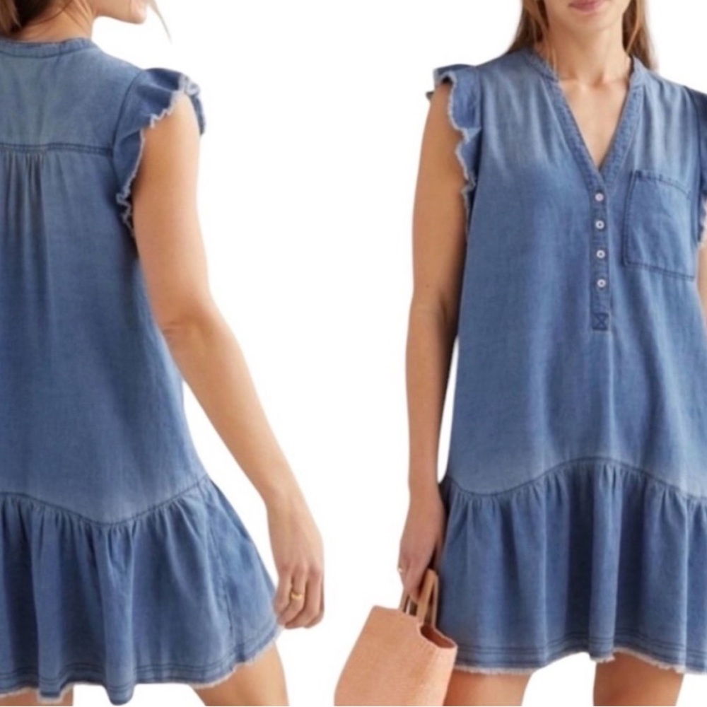 Anthropologie Pilcro Flounced Chambray Denim Tunic Dress Flutter Sleeve Womens M